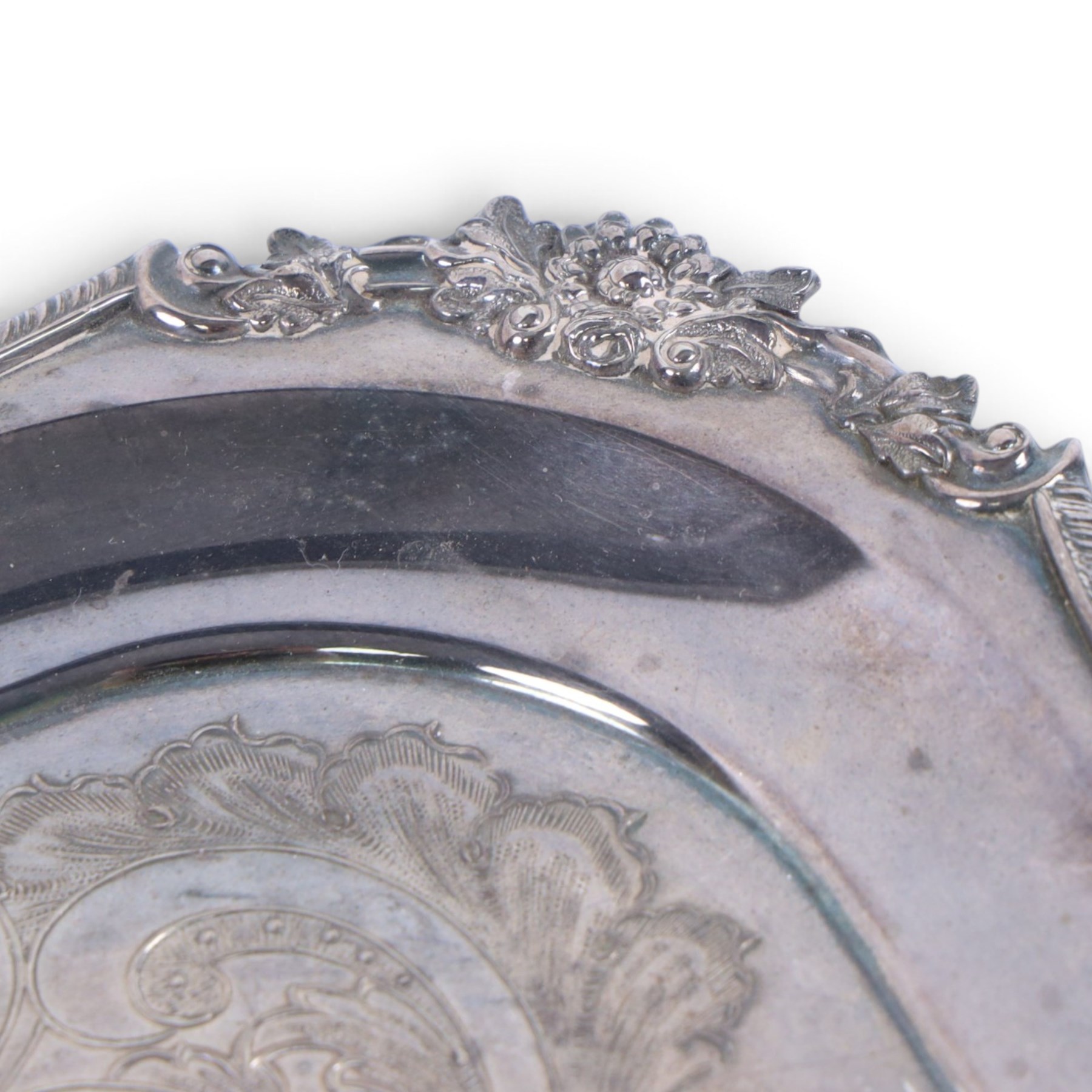 Early 20th century silver plated four piece melon-shaped tea service by James Dixon & Son Sheffield, comprising teapot, hot water jug, milk jug and open sucrier, together with a silver plated twin handled tray with engraved floral decoration