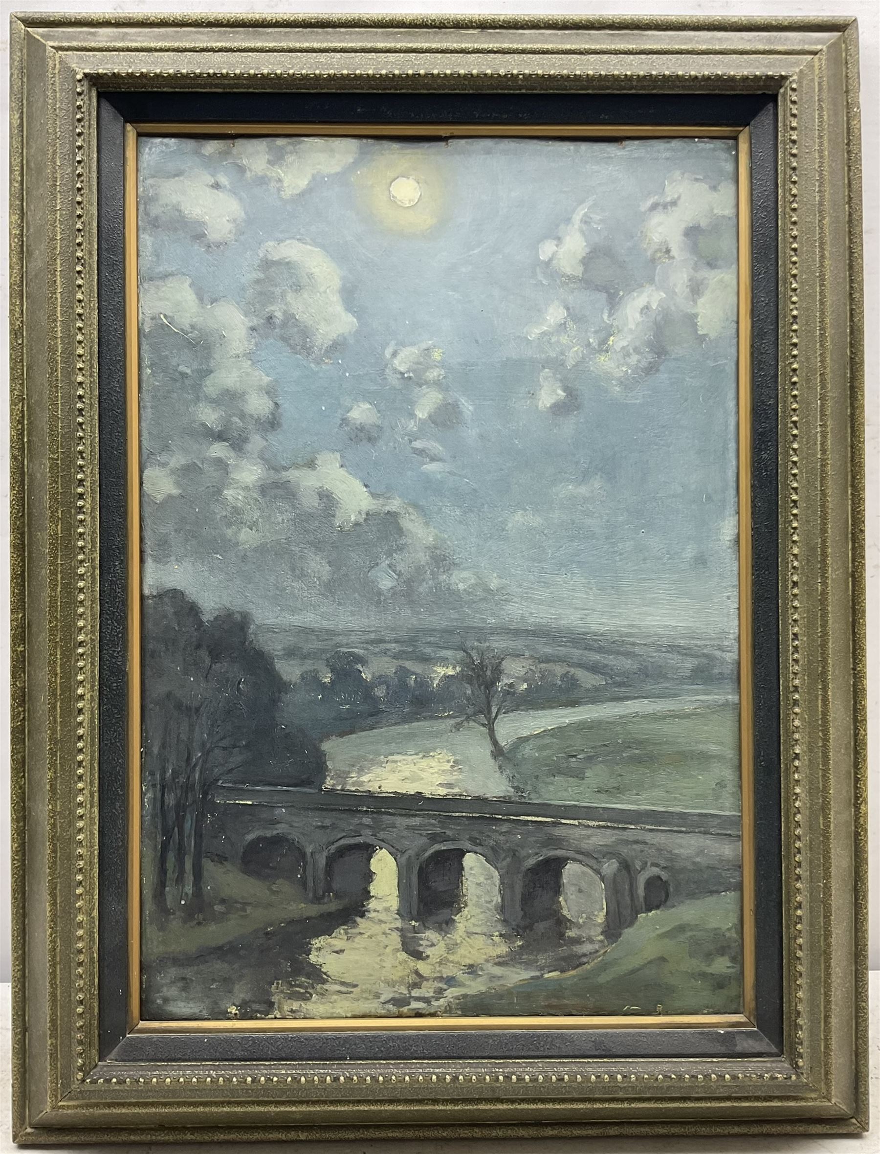 Hurst Balmford (British 1871-1950): 'Grassington Bridge by Moonlight', oil on canvas board unsigned, original title label verso 51cm x 35cm