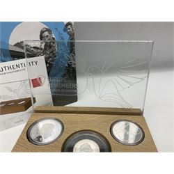 Royal Dutch Mint 'Europe Remembers' silver three coin set, comprised of Royal Canadian Mint 2020 one dollar '75th Anniversary of V-E Day', The Royal Mint 2020 one pound '75th Anniversary of VE Day' and Royal Dutch Mint 2020 five euros '75 Years of Freedom', cased with certificate