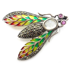 Silver plique-a-jour marcasite, garnet and moonstone moth brooch stamped 925