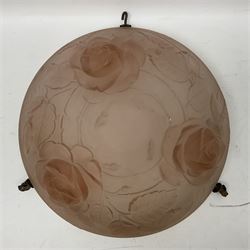 1930s pink frosted glass ceiling light shade, decorated with roses, D
