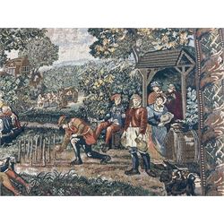 Three tapestries comprising 20th century wool tapestry panel of a medieval nobleman upon a horse with a castle in the distance, together with a smaller tapestry depicting The English Coat of Arms, both hung on rails, and further depicting village scene, largest approx 132cm x 95cm