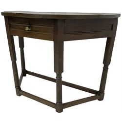18th century and later demi-lune side table, fitted with single drawer with horizontal moulded rails to the facia, raised on turned supports united by box stretcher