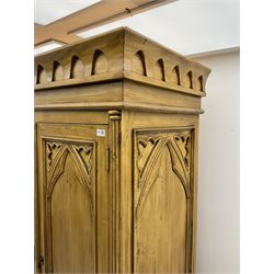 Gothic polished pine triple wardrobe, fitted with five drawers 
