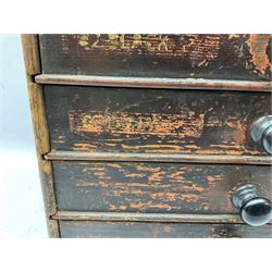 Early 20th Century Dewhurst table top chest, decorated with gilded 'Dewhurst's Sylko Machine Twist Strong Lustrous' lettering above six long drawers with names and numbers of cotton also detailed in gilt, H39cm