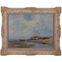 Gordon Radford (British 1936-2015): 'Figures and Beached Vessels on a Sandy Stretch', oil on board signed, titled verso 45cm x 60cm