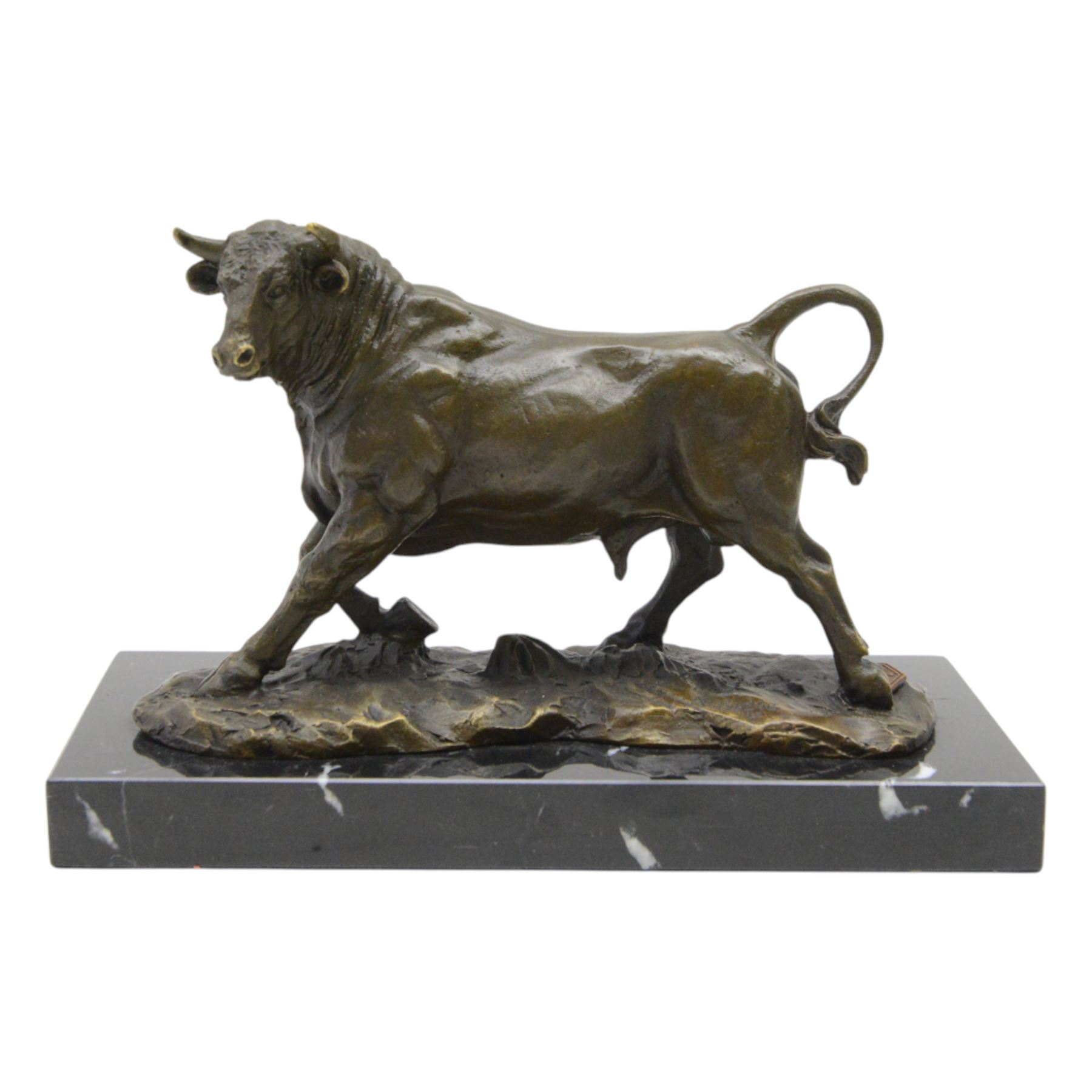 Bronze figure, modelled as a prancing bull, upon a naturalistic base signed Mils and with foundry mark, raised upon a rectangular marble base, overall H14cm