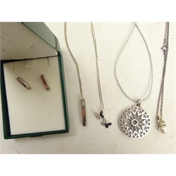  Silver diamond necklace, matching ear-rings, three other silver pendant necklaces, all stamped 925 and large collection of costume jewellery, watches etc  