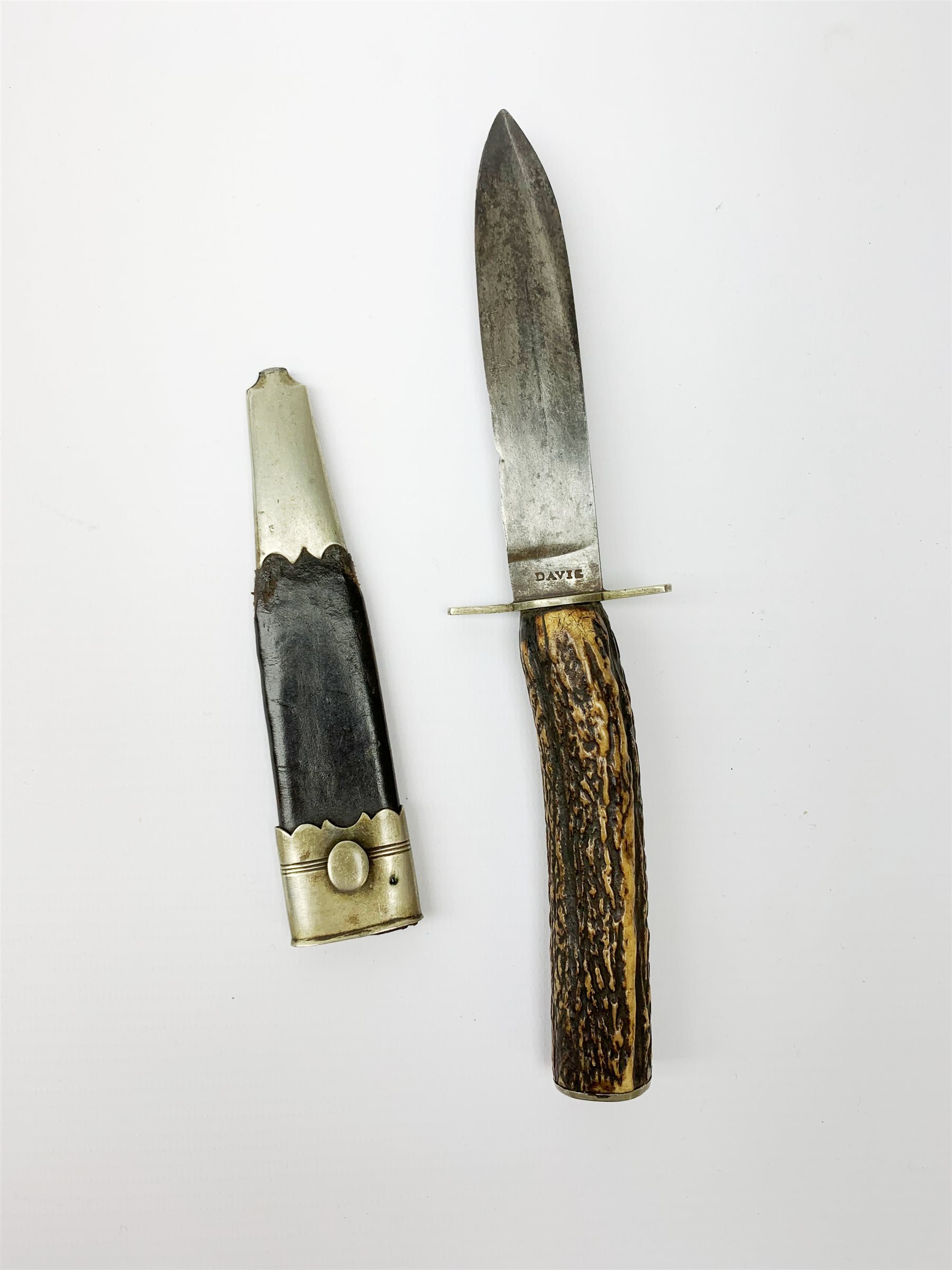 Late 19th century hunting knife by Davie11cm spear point blade, antler grip and leather sheath with nickel mounts overall 23.5cm