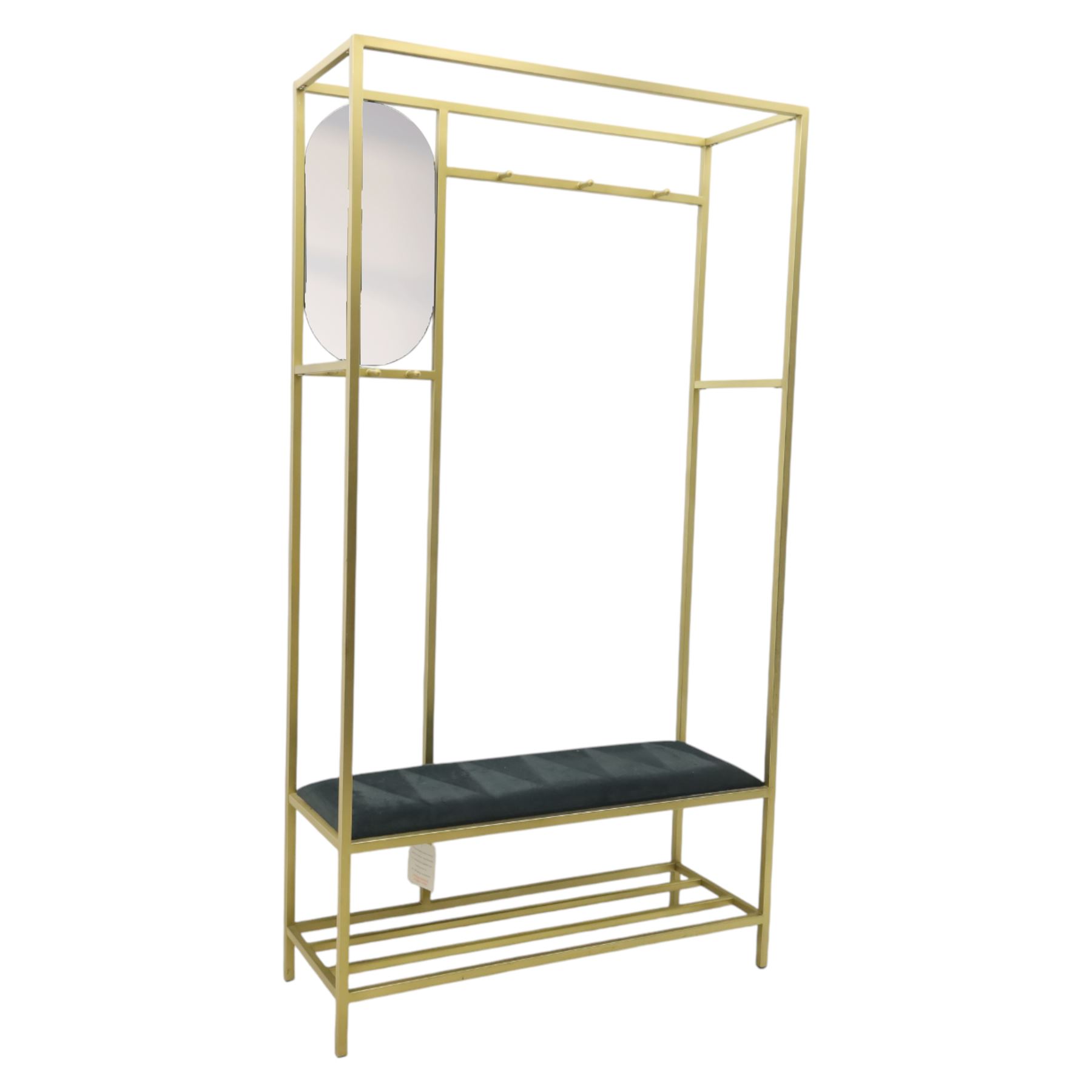 Contemporary hall stand gilt metal with black velour seat, oval mirrored panel with multiple hooks, padded seat above undertier for shoes