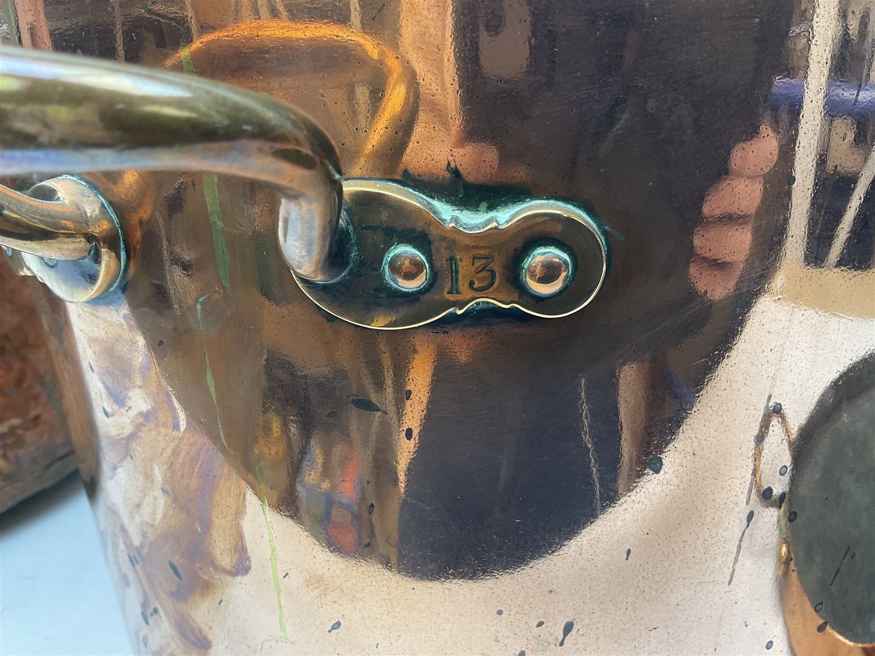 Large twin handled copper coal scuttle and cover and copper and brass riveted bucket with handle, bucket D36cm