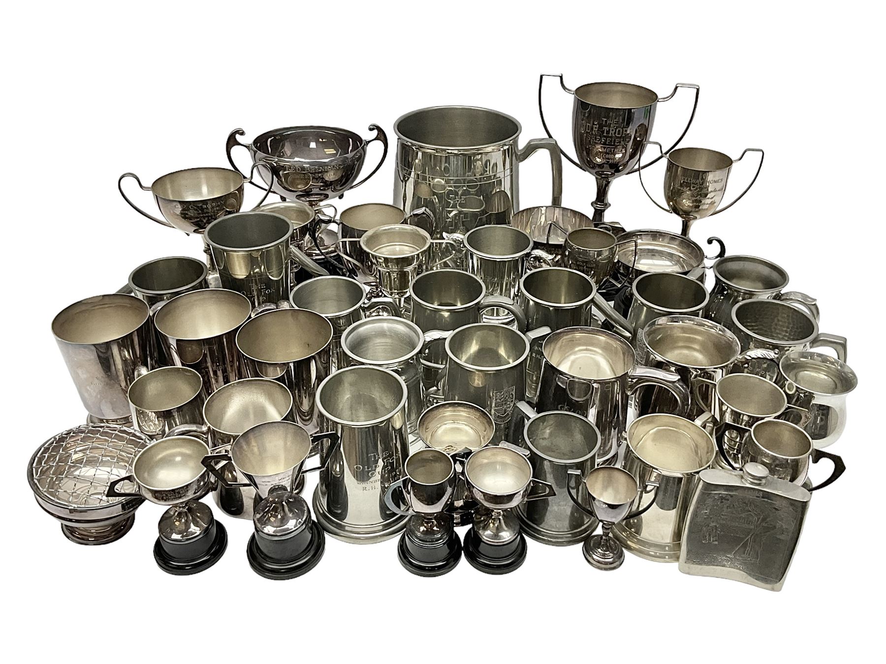 Collection of pewter and silver-plated trophy cups and presentation tankards, largest H28cm
