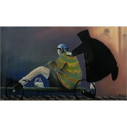 Mackenzie Thorpe (British 1956-): 'I Always Had to Push', pastel on card signed 42cm x 70cm
Provenance: purchased from Halycon gallery Birmingham
Notes: one of Thorpe's earlier pastel originals