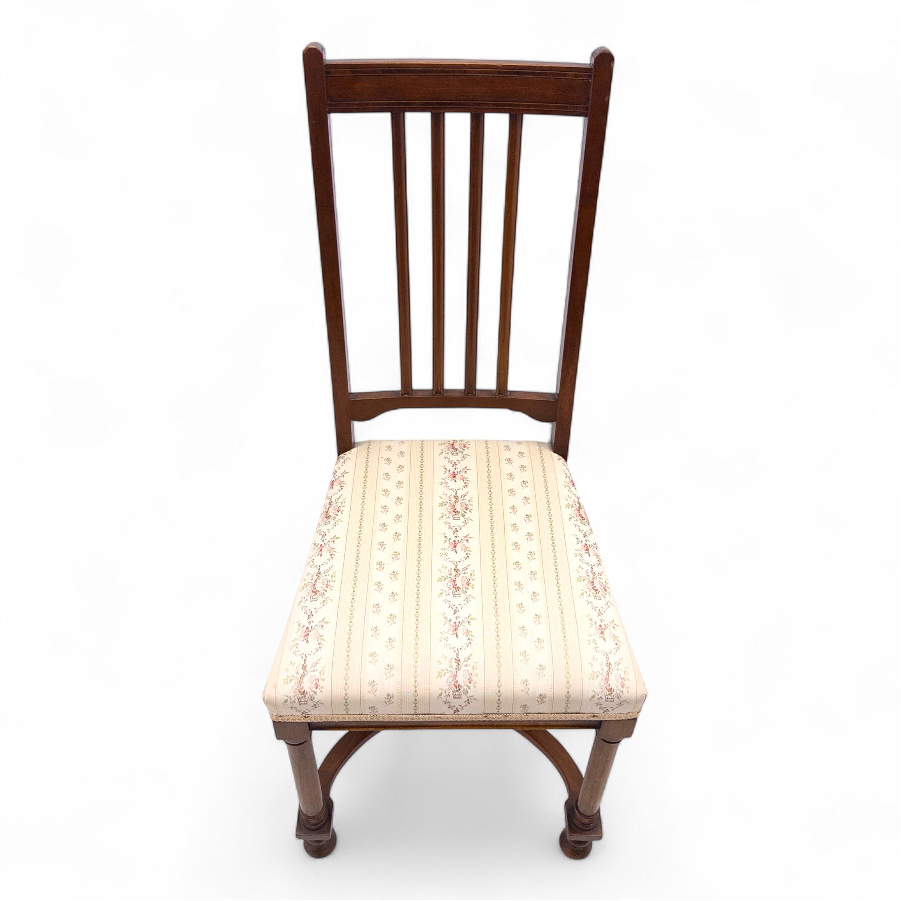 Living room items, comprising an 18th century design mahogany tray top table, the removable tray with shaped gallery, brass carrying handles and undertier stand, together with a French side chair with upholstered seat and X-stretcher base (Table H 74cm, W 54cm, D 36cm, chair H 94cm, W 41cm, D 42cm)