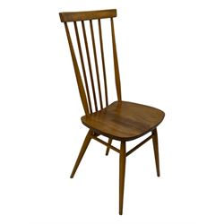 Ercol - pair of mid-20th century highback 'Windsor' chairs, curved top rail over six vertical spindles and shaped seat, on tapering cylindrical supports with stretchers