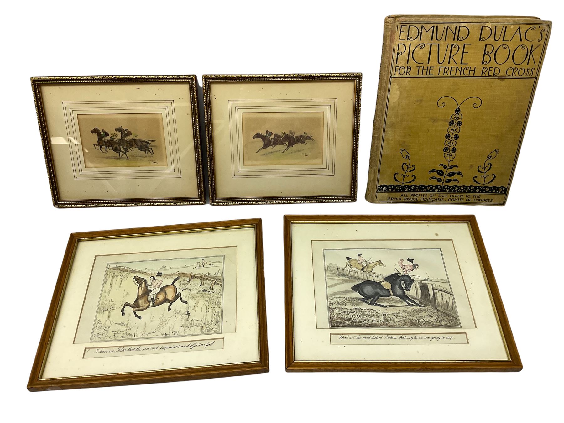 Edmund Dulac's Picture book for the French Red Cross, together with four framed and glazed hand coloured equestrian prints, in one box