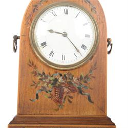 Edwardian painted mahogany lancet clock, arched case with brass side handles, 8-day movement stamped with Richard & Co logo and brass back cover, enamelled dial with Roman chapters, brass hands, glass bezel, arched case with brass side handles on brass bun feet, dial chipped, with winding key 