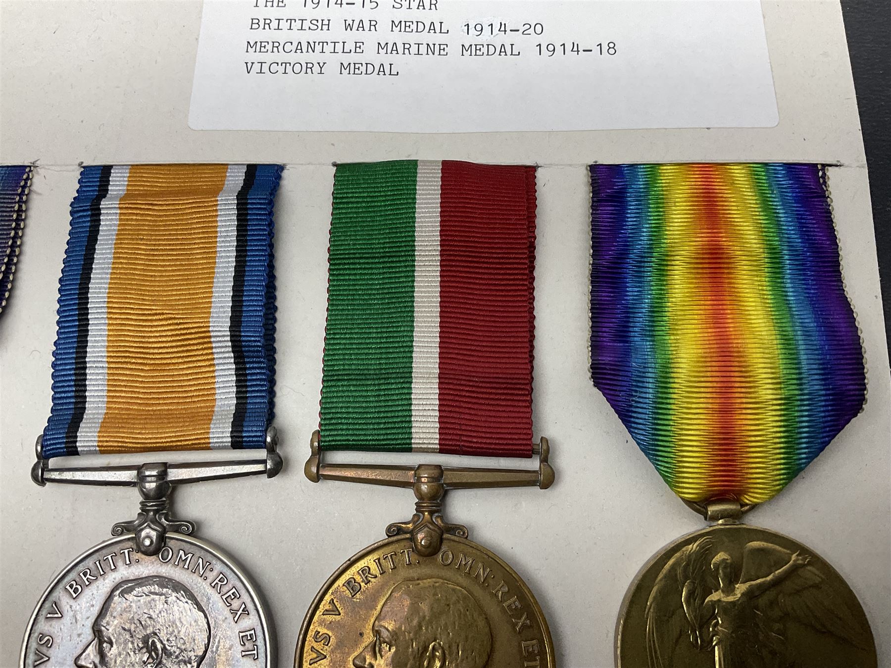 Representative display of five WWI Campaign Stars and Medals to different recipients comprising 1914 'Mons' Star to 13800 Gnr. R. Pexman R.F.A.; 1914-15 Star to TS822 F. Bage T.R. R.N.R.; British War Medal to 90461 Dvr. A.A. Cross R.A.; Mercantile Marine Medal to Patrick J. Magrath; and Victory Medal to 2657 Cpl. W.R. Kenny Norf. Yeo.; all with ribbons (5)