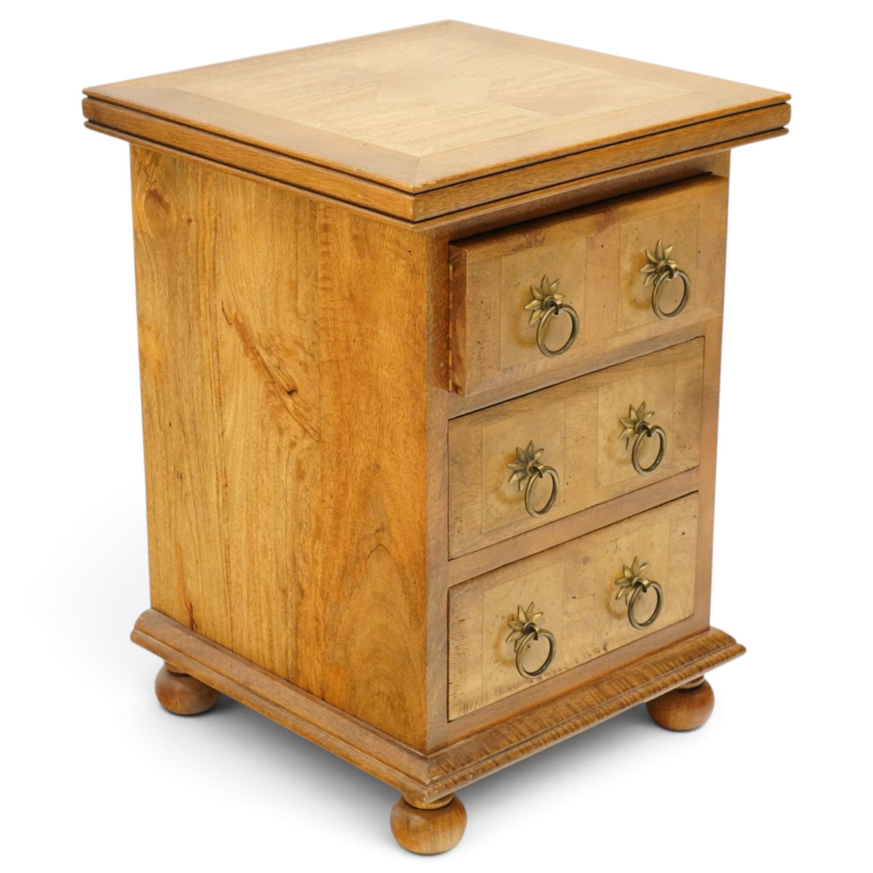 Barker & Stonehouse - pair of contemporary flagstone and mango wood bedside chests, the rectangular inlaid top over three drawers with metal ring handles, on compressed bun feet