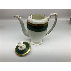 Coalport Athlone Green pattern tea wares, comprising coffee pot, seven coffee cans and saucers, milk jug, open sucrier, six tea cups and saucers, and six twin handled cups and saucers (42) 