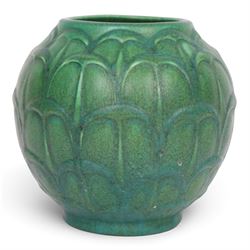 Pilkington's Royal Lancastrian green vase, of bulbous form, with stylised leaf decoration,...