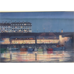  'Quarter Deck Fish Restaurant', watercolour signed by Derek Firth 22cm x 48cm, matching smaller print and 'Harlow Lights, Whitby', ltd.ed colour print after the same hand 32cm x 47cm (3)  