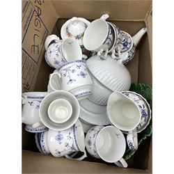 Capodimonte roses wall hanging, Victoria ceramics candle sticks, cake stand, flatware etc two boxes.  