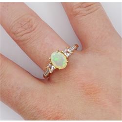 9ct gold opal and square cut morganite ring, with white zircon set shoulders, hallmarked