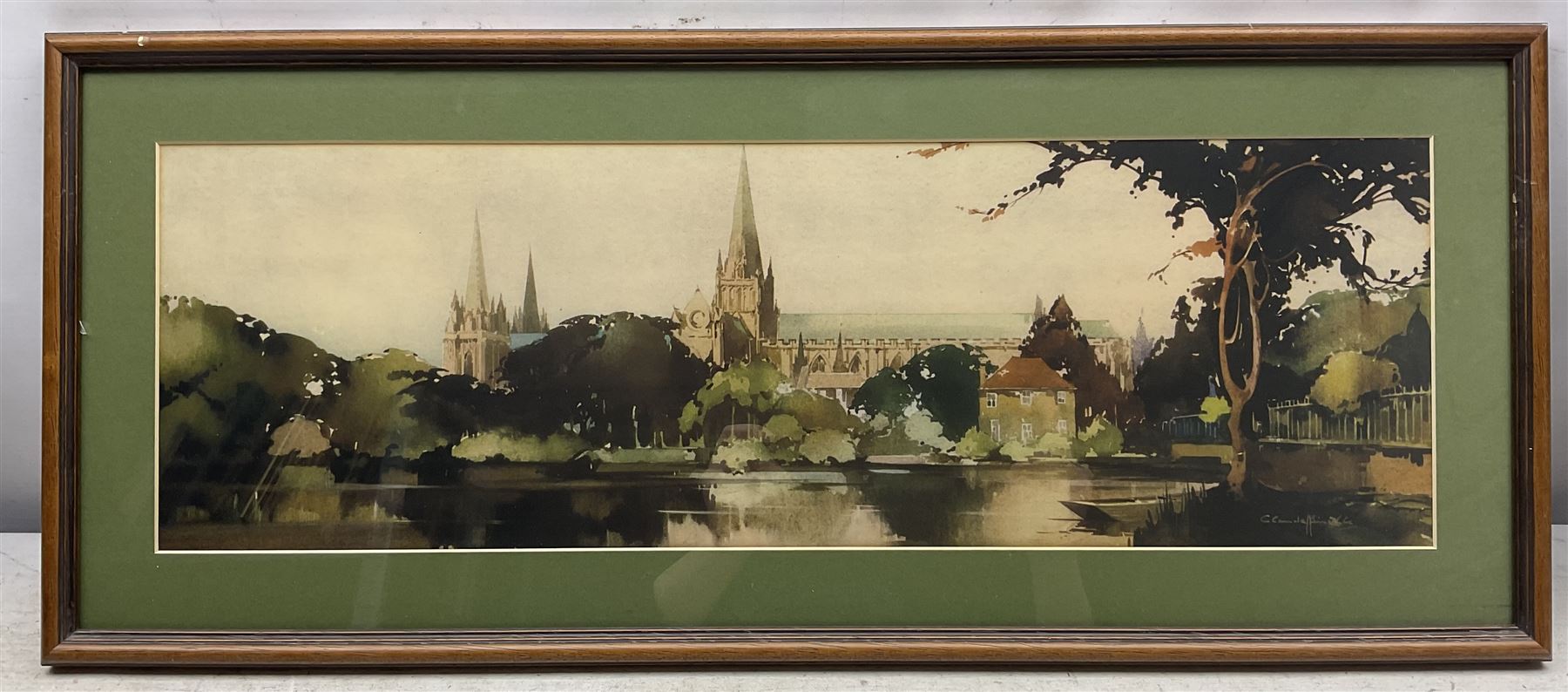 After Claude Buckle (British 1905-1973): 'Bedford', 'Litchfield Cathedral' and 'St Asaph'. set of three carriage prints 18cm x 58cm (3)