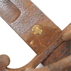 Victorian Royal Artillery officers sword with owners crest and initials, blade length 89cm and a copy of a mediaeval helmet