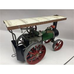 Mamod TE1a steam traction engine with burner, bunker, steering rod and funnel; red and black painted Tri-ang tin-plate Jones KL44 mobile crane; and two Hull Savings Bank Home Safe money boxes; all unboxed (4)