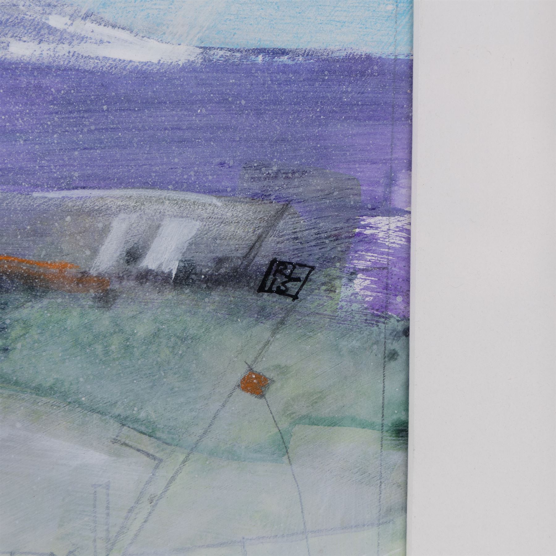 Russell Lumb (British 1946-): 'Thornton', mixed media semi-abstract map of Thornton-le-Dale titled, signed with monogram and dated '15, artist's address label verso 34cm x 29cm