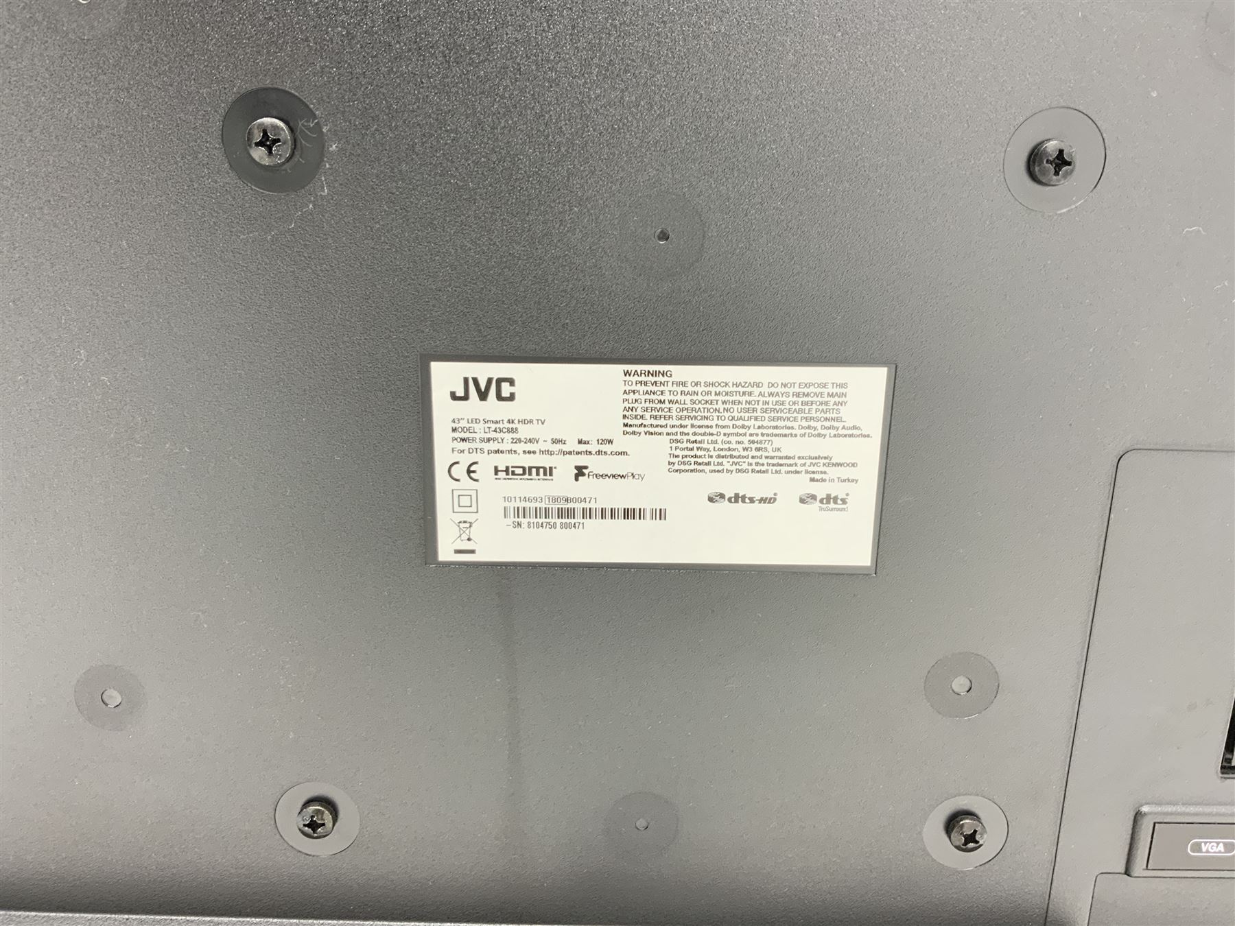JVC television 43” LED Smart 4K HDR TV, model no. LT-43C888