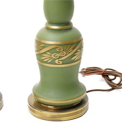 Pair of green frosted glass and gilt table lamps, H62cm 
