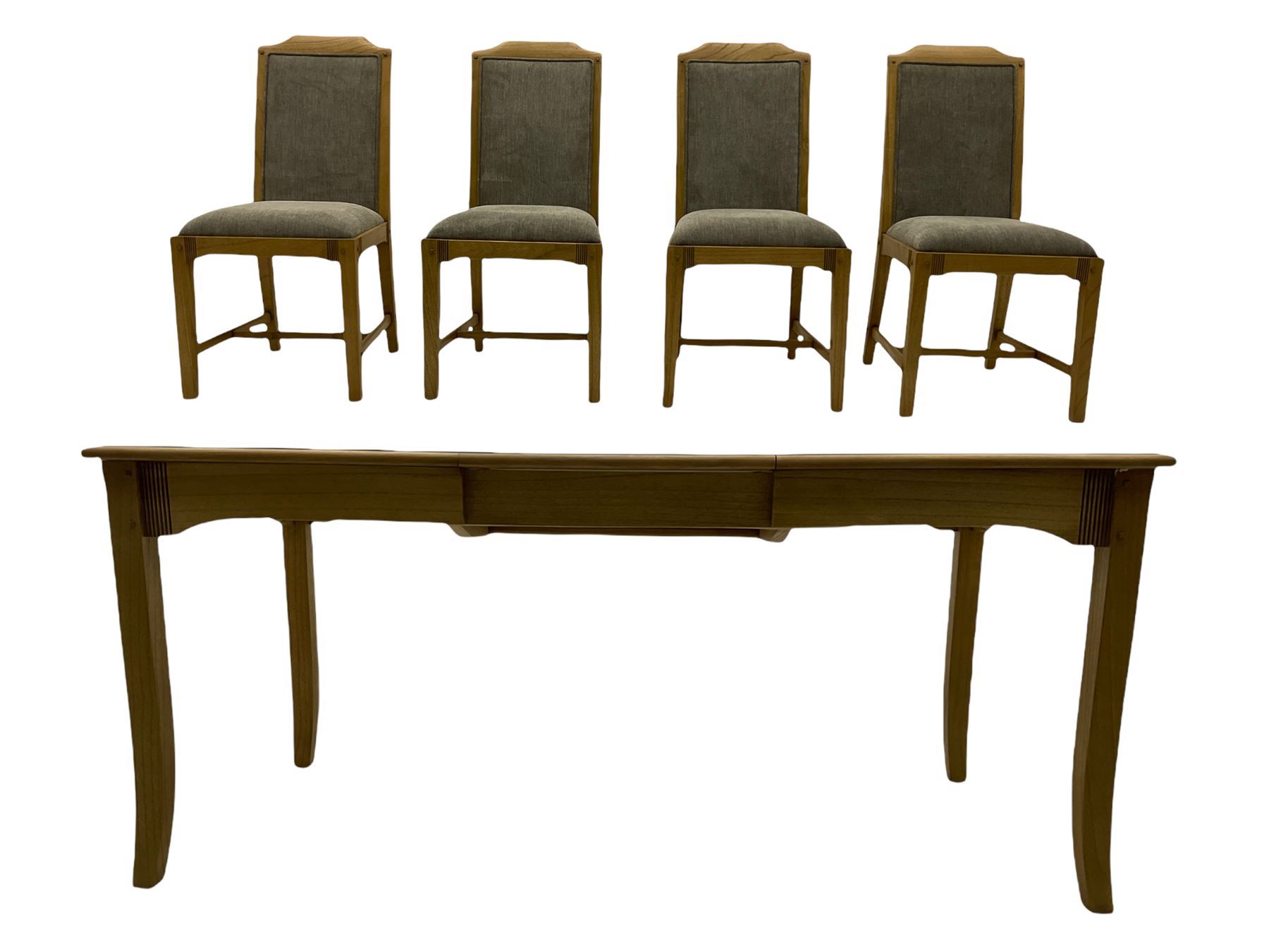 Windsor by Mark Devany oak rectangular extending dining table, with butterfly leaf, and four chairs with upholstered seats and backs