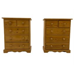 Pair of solid pine three drawer bedside chests (W39cm) and a pair of pine chests fitted with two short and three long drawers (4)