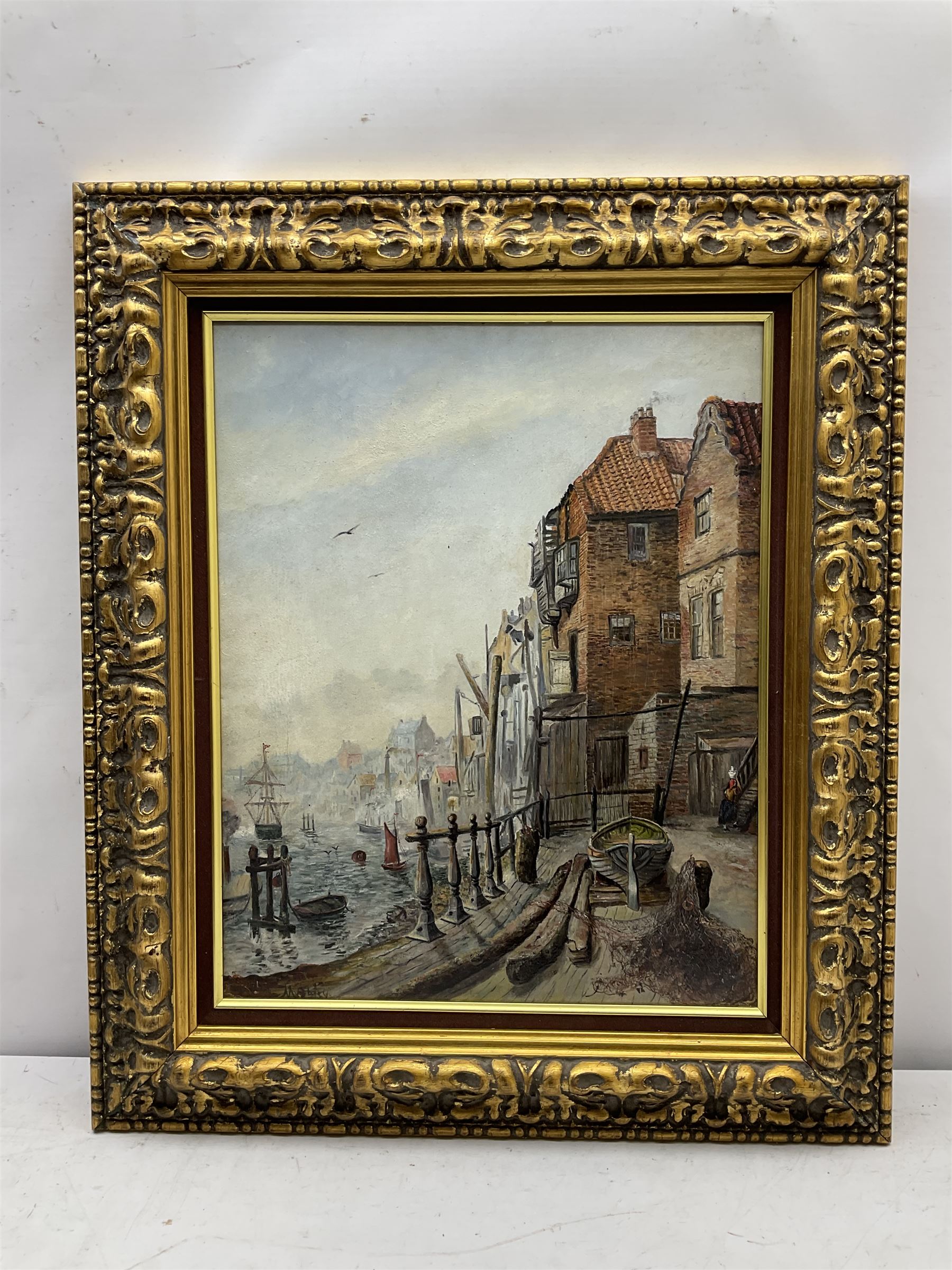M Storey (British 20th century): Quay Side Scene, oil on board signed 50cm x 40cm