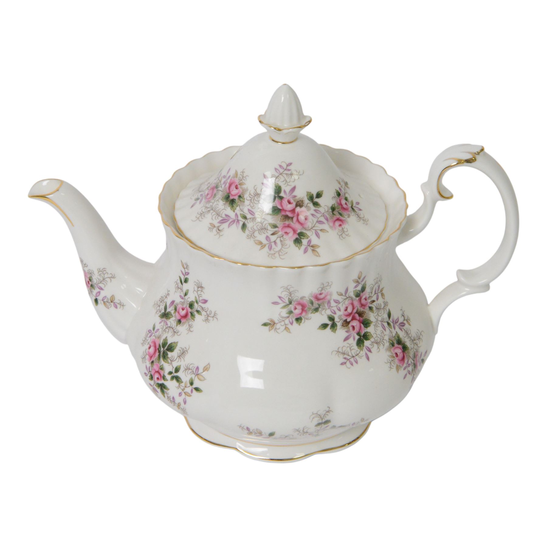 Royal Albert Lavender Rose pattern tea service for six including teapot, jug, open sucrier, teacups and saucers, side plates, dinner plates etc  