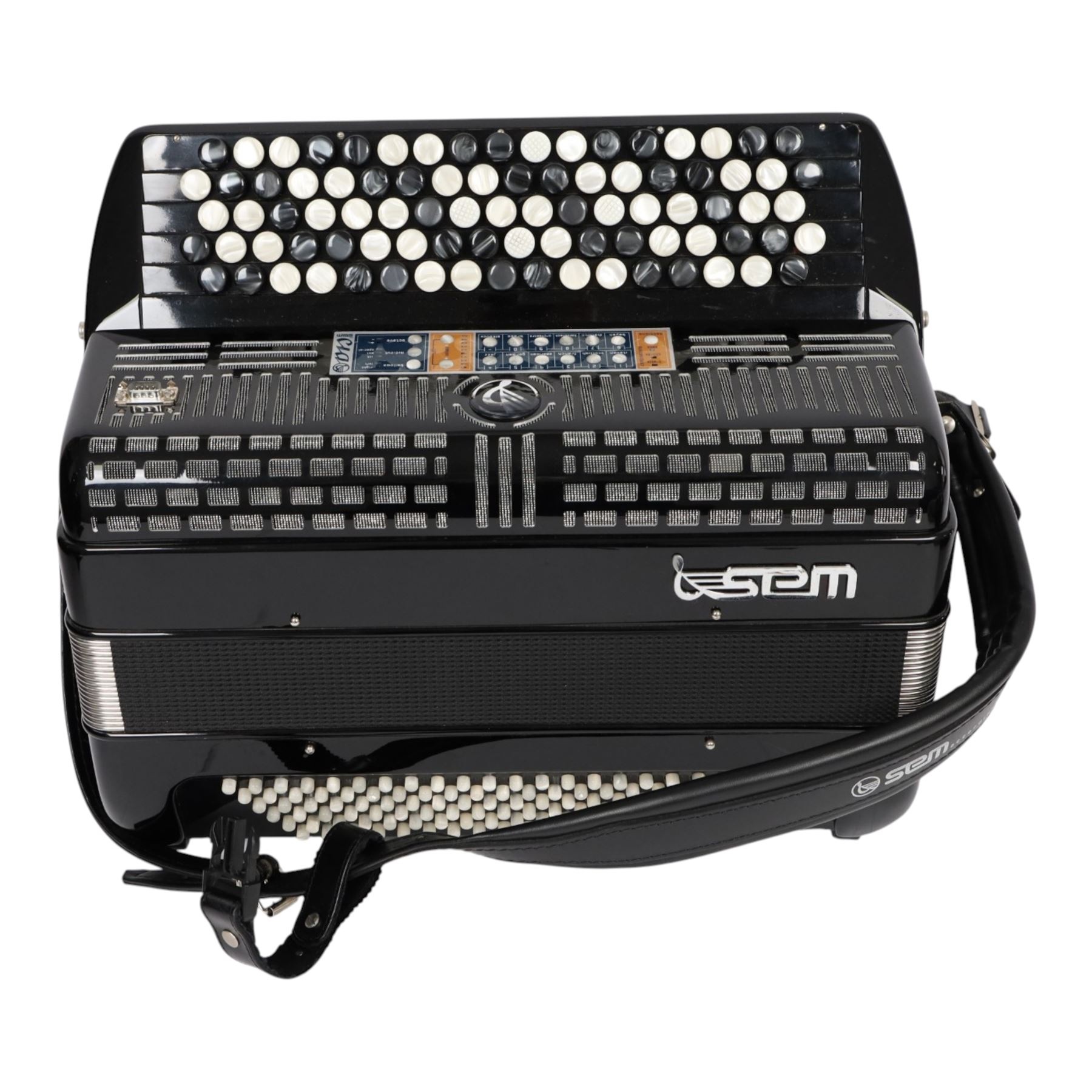 SEM Ciao 5-row digital reedless chromatic button midi-accordion, with 87-black and white buttons and 120 bass buttons, in black high gloss case, with carry strap and original hard carrycase