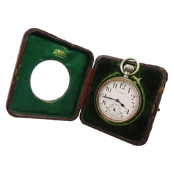 Swiss Goliath nickle cased pocket watch, movement stamped 7032, retailed by Hamilton & Inches, Edinburgh, with crocodile effect leather fitted case also by Hamilton & Inches 