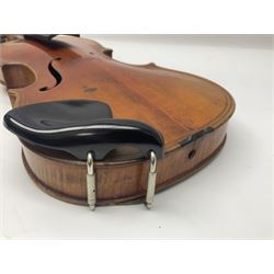 German trade violin c1900 copy of a Maggini with 36.5cm two-piece maple back and ribs and spruce top; double scroll; L60cm overall; in carrying case