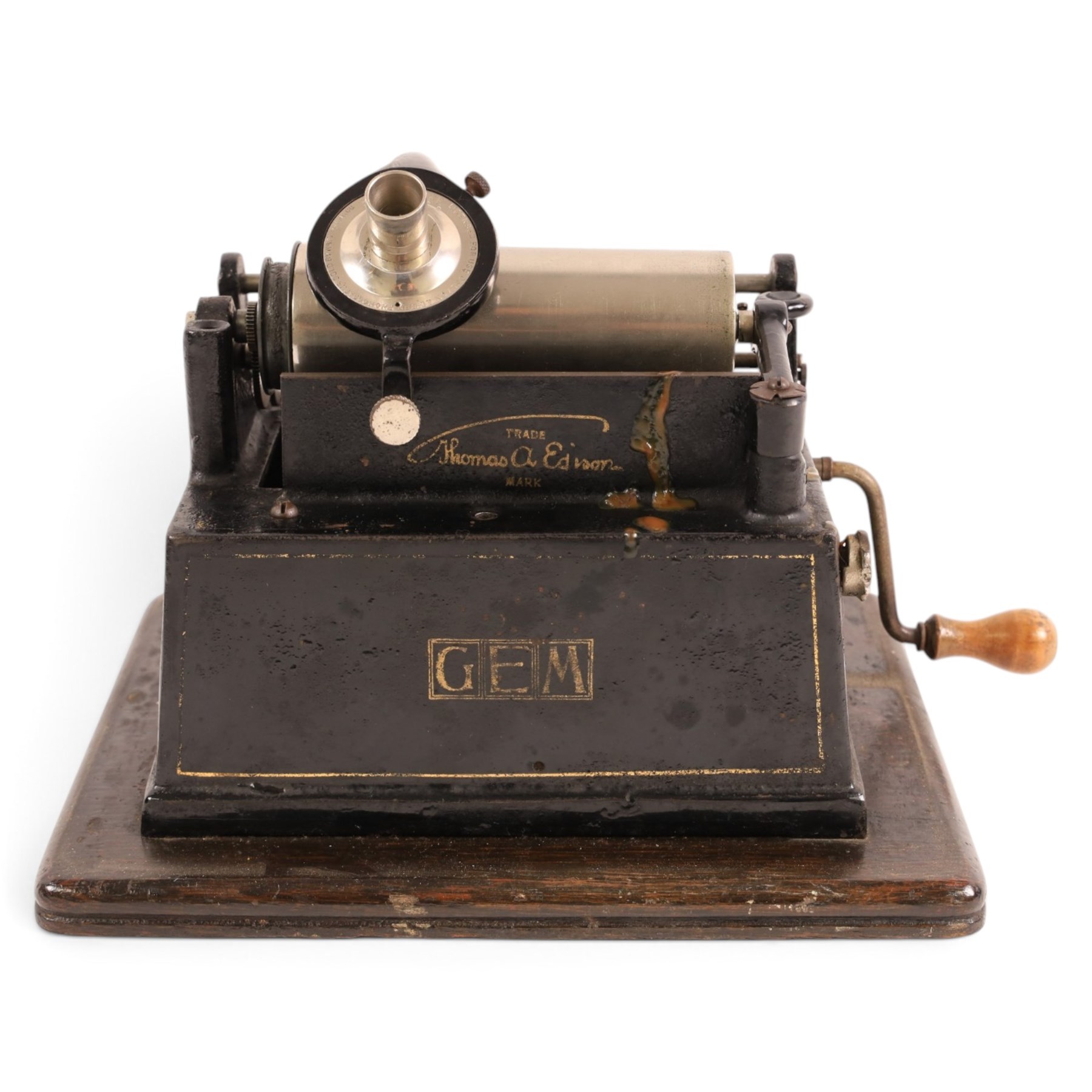 Early 20th century Edison GEM phonograph, in oak case, serial number 237880, with brass horn and a collection of wax cylinders