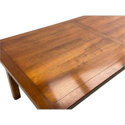Contemporary French farmhouse design cherry wood dining table, rectangular bordered top on square chamfered supports 