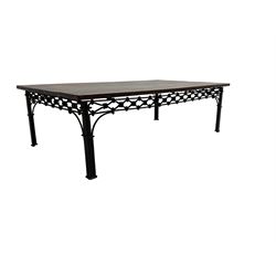 Laura Ashley - mango wood and wrought iron coffee table, the rectangular top over a pierced wrought iron frieze in repeating lozenge pattern