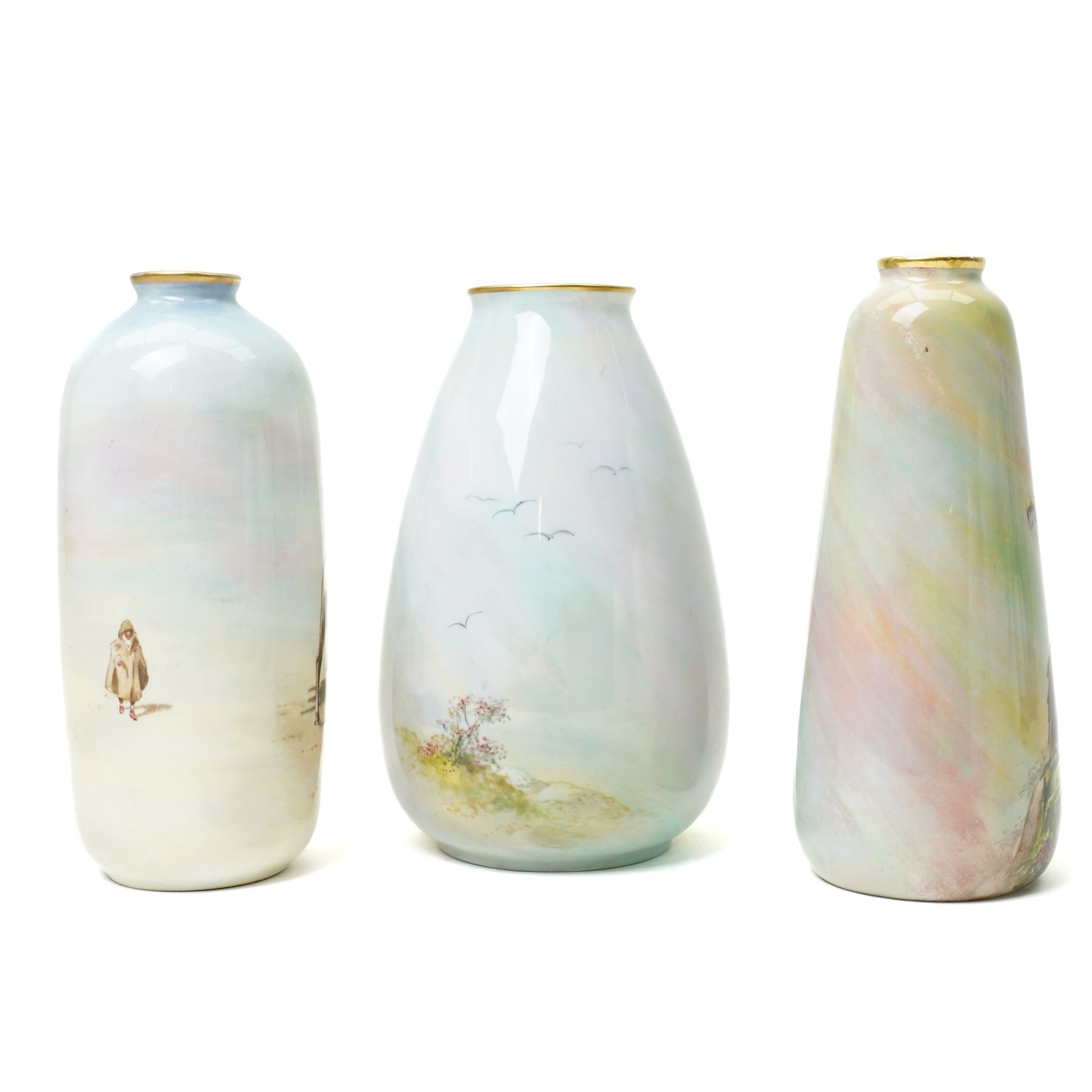 Pair of Tuscan China vases painted with Middle Eastern scenes signed R Haigh H18cm, another in similar subject and two other Tuscan China vases painted with birds