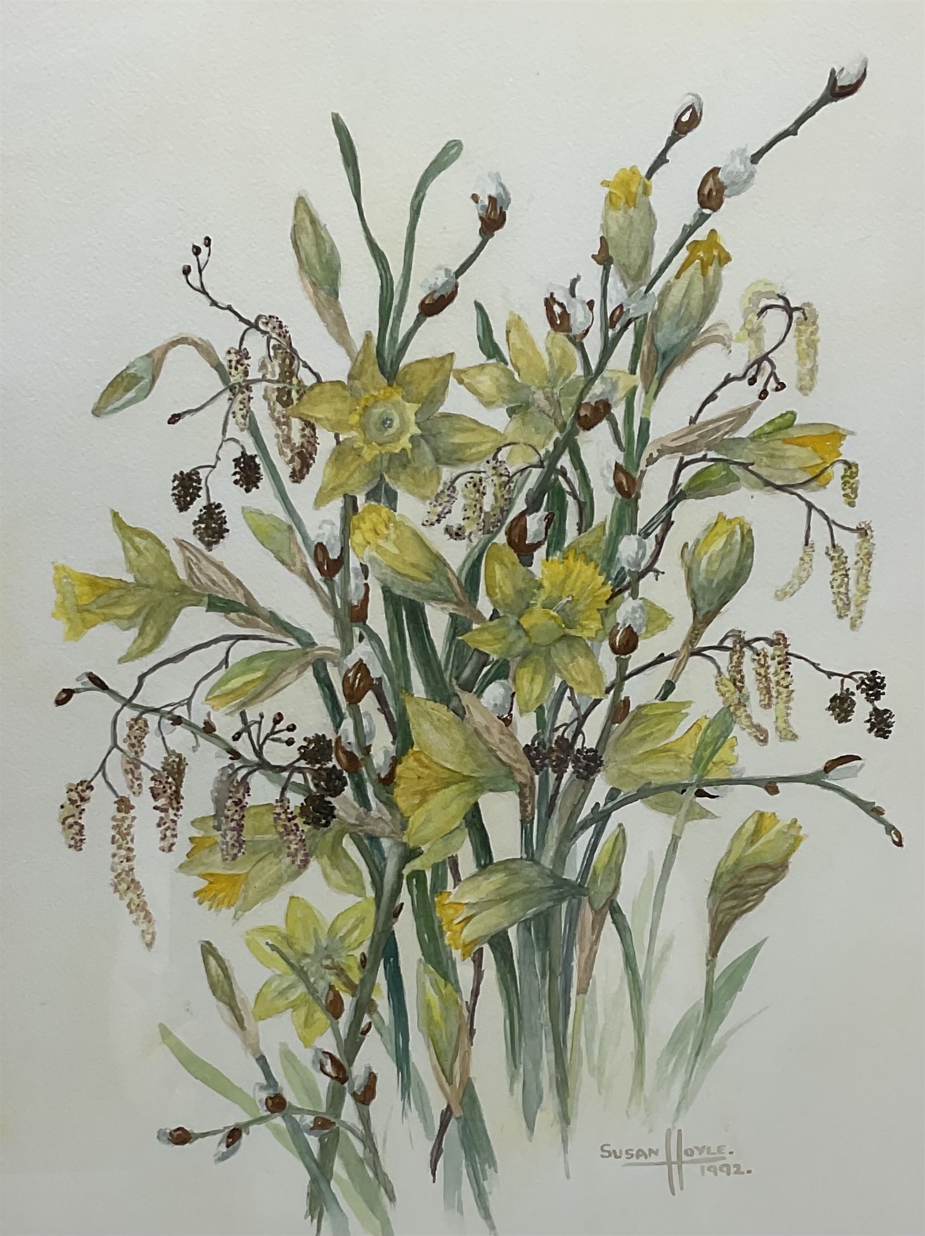 Susan Hoyle (British 20th century): Still Life of Daffodils, watercolour signed and dated 1992 together with Pamela J Thorpe (British 20th century): Still Life of Flowers in a Jug, watercolour signed and dated '94 max 46cm x 34cm (2)