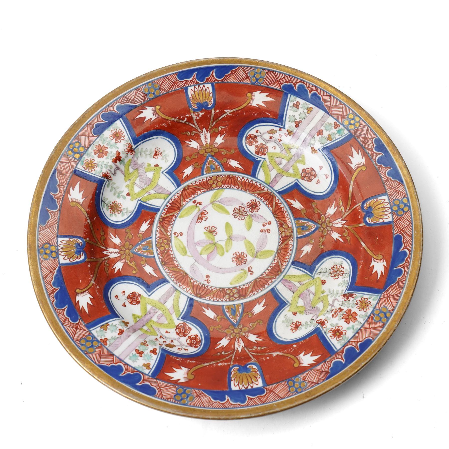 Collection of Spode Imari pattern no. 283 wares, comprising two plates and chestnut basket with stand, basket W20cm