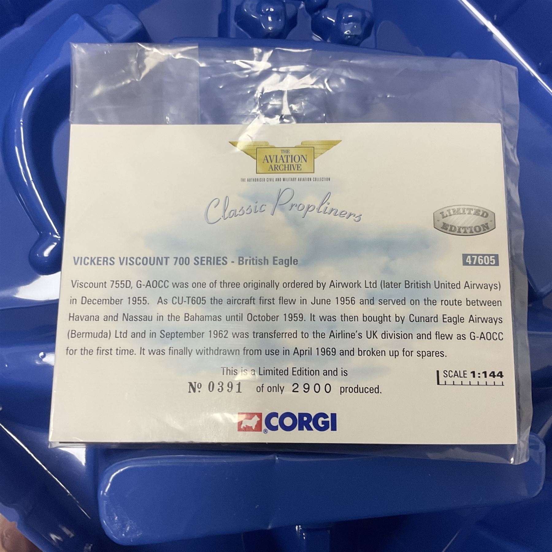 Corgi - Aviation Archive, eleven ‘Classic Propliners’ 1:144 scale models comprising Vickers Viscount models; 47601 700 Series British European Airways; 47602 Parcelforce; 47603 Continental Airlines; 47604 800 Series Lufthansa; 47605 700 Series British Eagle no.391/2900; 47606 806 Virgin Atlantic Airways; 47607 802 British European Airways; 47608 806 British Airways no.985/3000; 47609 836 British Midland Airways no.1530/2500; AA30501 800 Aer Lingus no.651/2100; AA30503 800 British Air Ferries no. 1131/2100; all boxed (11) 