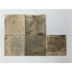 Five 19th century blue and white Delft tiles, each decorated with a central circular panel, containing buildings, boat, and swan, and a Victorian lustre mug decorated with polychrome flowers, tiles H13cm W13cm. 