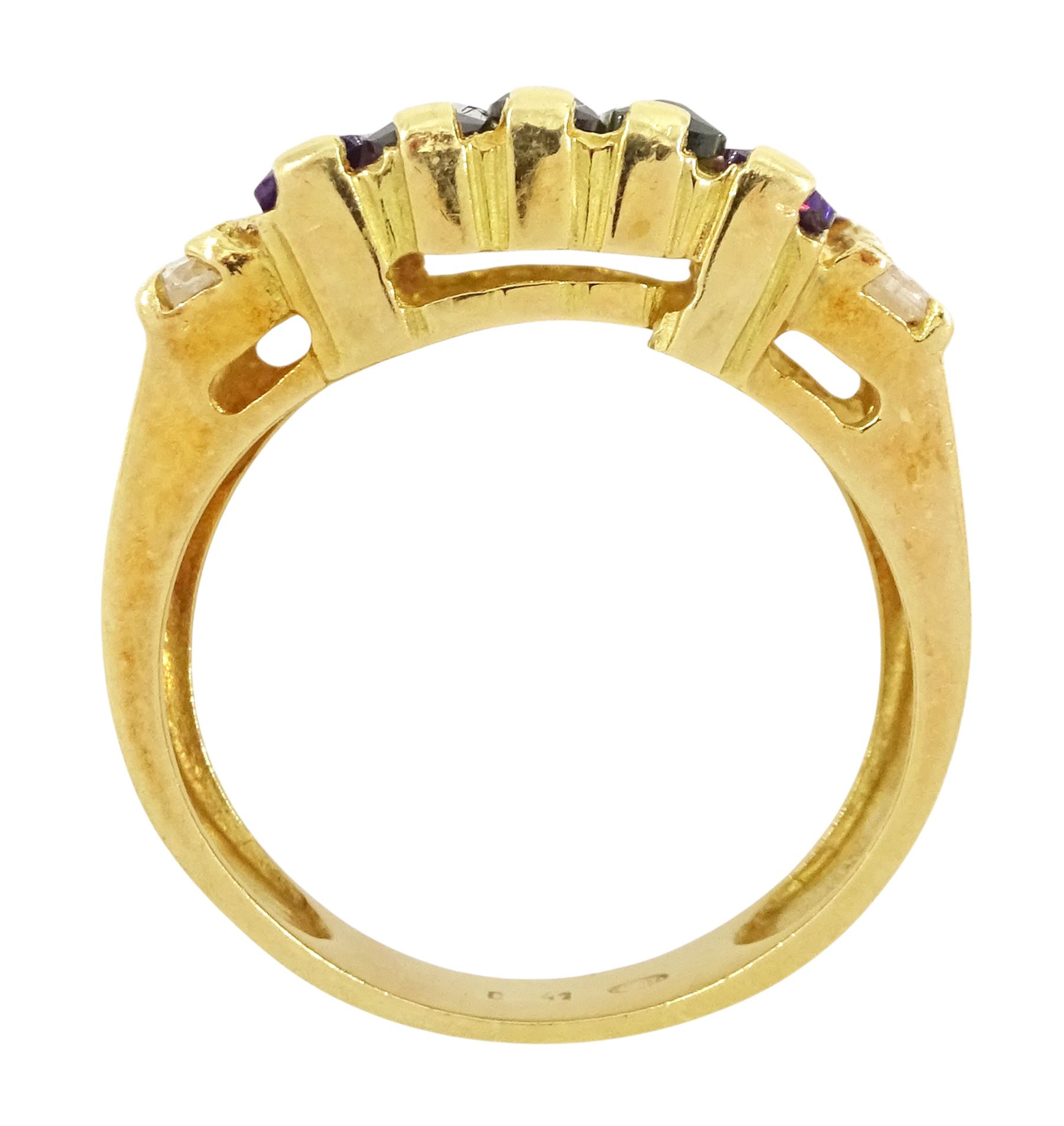18ct gold purple and green paste stone set ring, with white paste stone sides, stamped 750